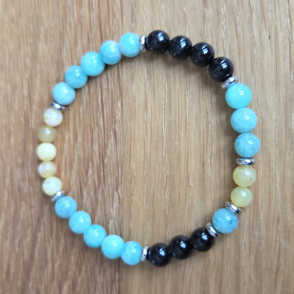 Amazonite, Yellow Opal, Silver Hematite Bead Bracelet Set, Stretch, Hand Crafted - Picture 3 of 11